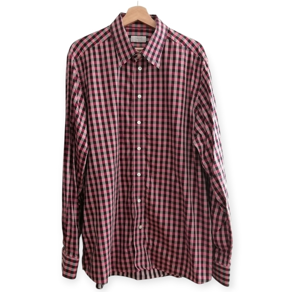 Eton Men's Contemporary Fit Black and Red Plaid Button Down Shirt Size 18 Neck
